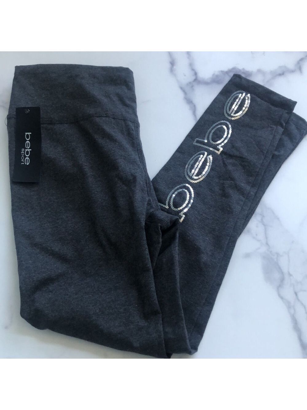 Bebe Sport Gray Leggings Sequin Logo Size XL NWT